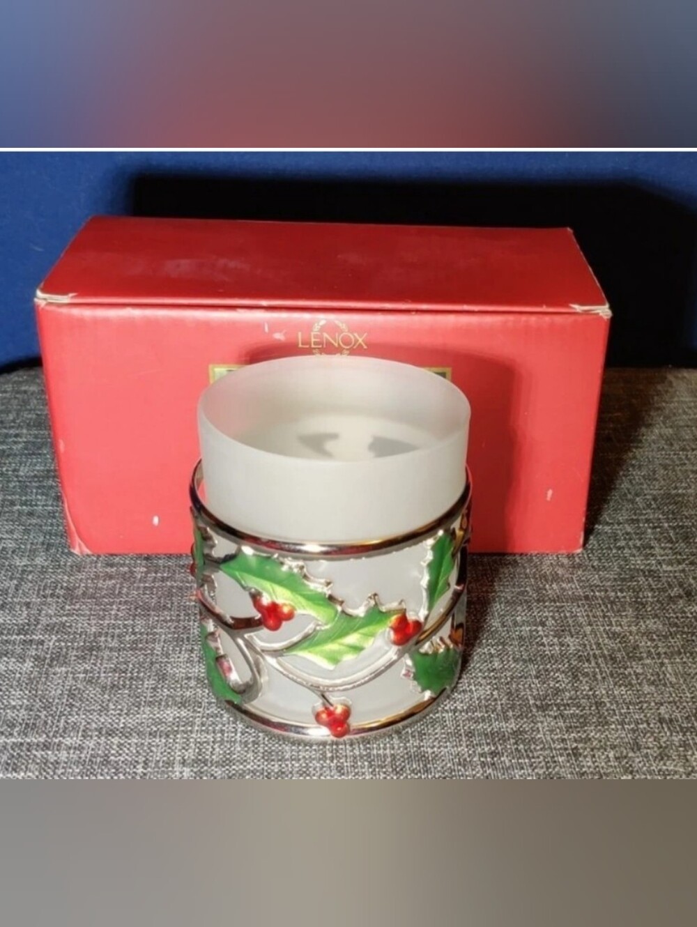 Lenox Holiday Votive Silverplate Holly Berry Candle Holder Frosted Glass w/ Box